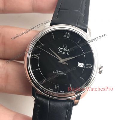 Replica De Ville Omega Black Dial Black Leather Strap 39.5mm Watch 